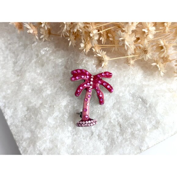 Fuchsia Pink Rhinestoned Palm Tree Figural Vintage Costume Jewelry Brooch - Picture 2 of 10